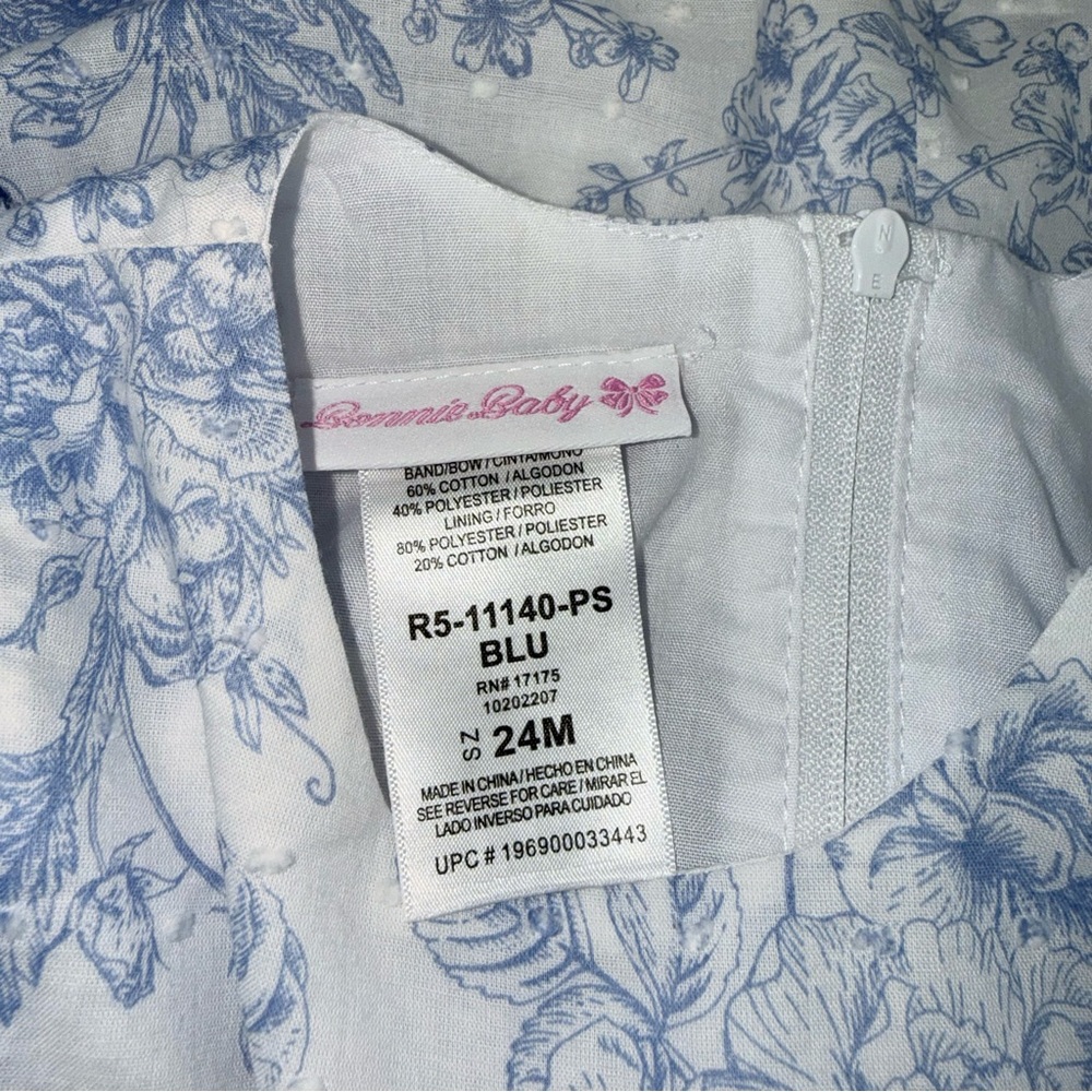 Bonnie Baby Dotted Swiss Seersucker Blue Toile Floral Print Dress with Bloomers - Picture 5 of 5